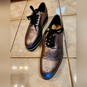 ZARA WOMAN PLATFORM OXFORD LEATHER SILVER METALLIC WINGTIP SIZE 9.5 or 40.